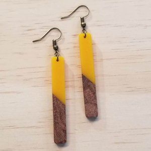 Yellow Mustard Bohemian Resin Wood Bar Earrings Boho Dangle Drop Bride Wedding